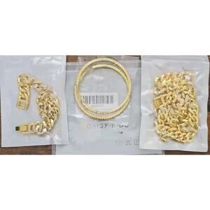 3 Pcs Cuban Link Chain Necklace Bracelet Rhinestone Hoop Earrings Bling Crystal